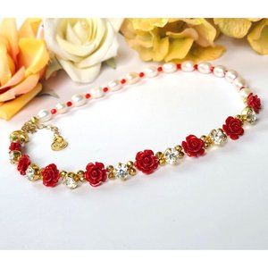 Avana Designs Leona Choker Freshwater Pearl Rose Bead & Rhinestone Floral Flower
